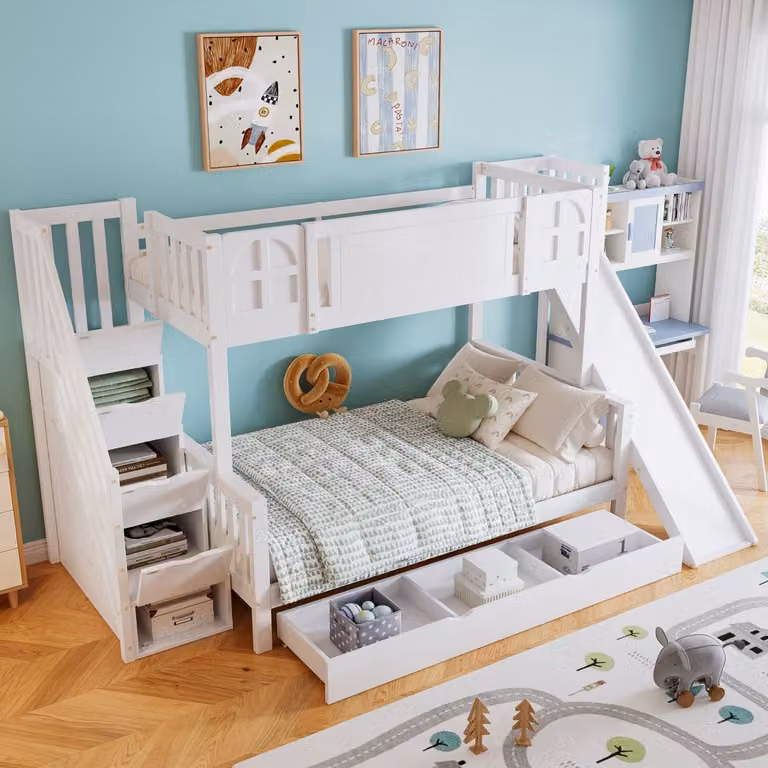 FloraGrace Stapelbed voor de kinderkamer met glijbaan, opbergtrap en lade, Wit, 90x200 cm