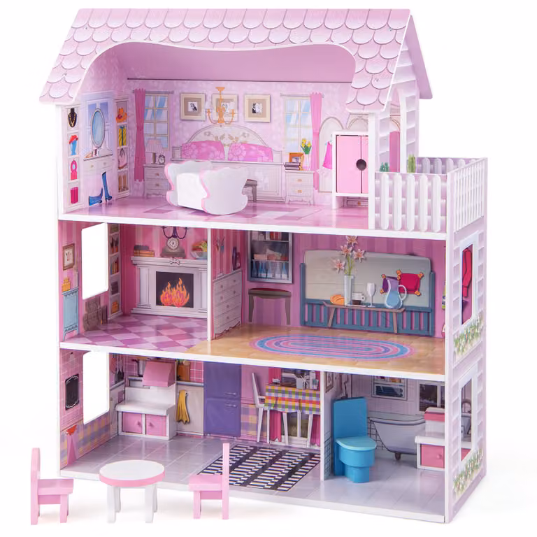 Costway Houten poppenhuis met meubels en accessoires, drielaags speelgoed poppenhuis voor meisjes