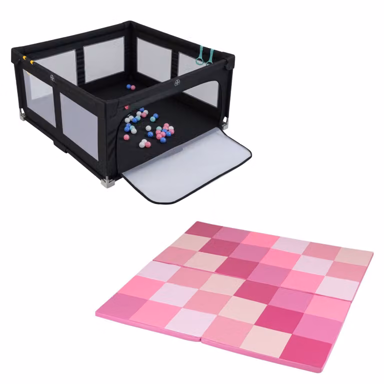 Costway Opvouwbare Babybox Zwart en Patchwork-Speelkleed Roze - 2-delige Set