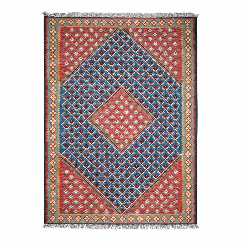 home24 Kelim Senneh laagpolig vloerkleed blauw multicolor wol B: 109 cm, D: 149 cm