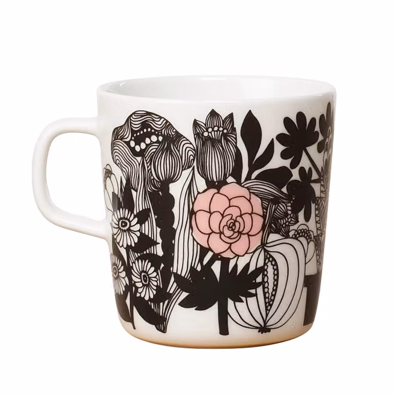 Marimekko Siirtolapuutarha theekop zwart-wit-rosa