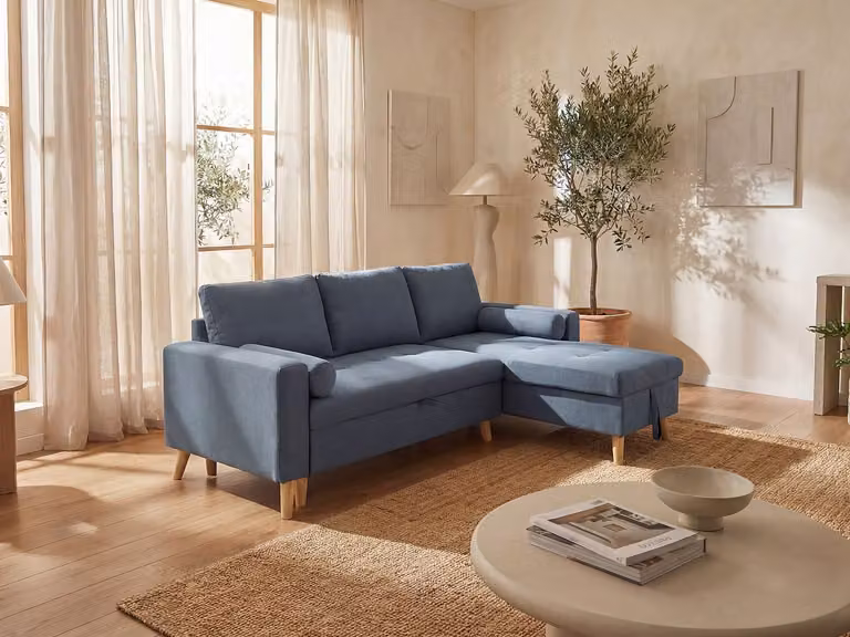 KORI Scandinavische hoekslaapbank in petrole blauwe stof met slaapfunctie en omkeerbare hoek, B/D/H: 225 x 103 x 88 cm, matras 120 x 190 cm