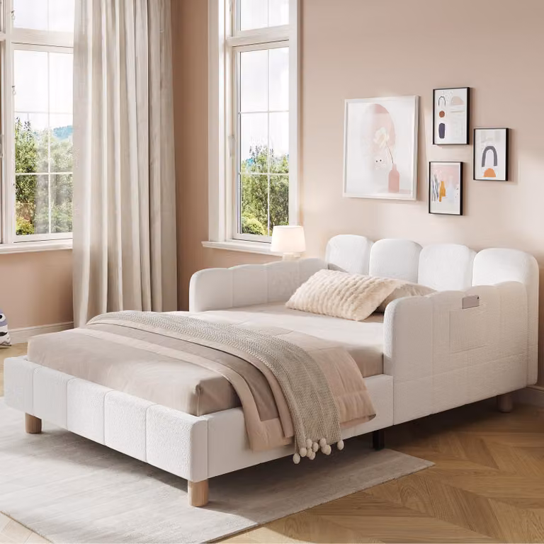 MODFU Kinderbed met beklede kop- en voeteneinde, veiligheidsreling en zijvak, beige, 90 x 200 cm