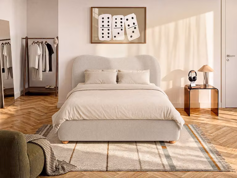 VANARI Bed met opbergruimte en lift-up basis, Beige, B/D/H: 160 x 200 x 240 cm