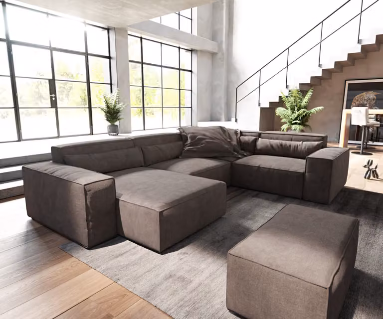 DELIFE Woonkamerlandschap Sirpio L-vormige bank met kruk, Bruin microvezel, B: 303 cm, D: 210 cm, H: 71 cm