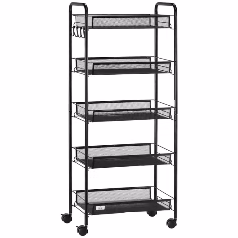 HOMCOM Keukenwagen met 5 Draadmanden en 4 Afneembare Haken, Mobiel met 4 Wielen, Zwart, B/D/H: 45 x 26,5 x 106 cm