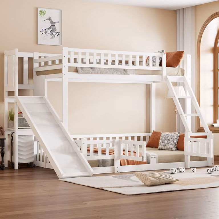 MIVRAY Stapelbed voor kinderkamer met glijbaan, trap en opbergrekken, Wit, Grenenhout en MDF, B/D/H: 242 x 174,5 x 163 cm