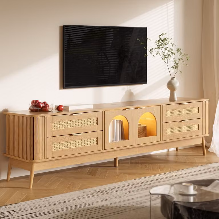 Zubaliya TV meubel Naturel met app-gestuurde LED-verlichting, 4 lades met vlechtwerk en 2 gebogen glazen deuren, B/D/H: 180 x 40 x 50 cm
