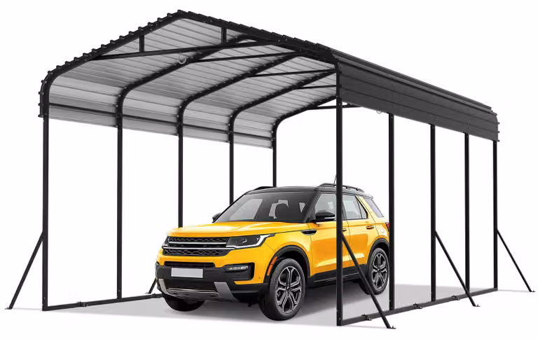 QEENTOE Metalen carport met stalen dak en versterkte basis voor auto's, vrachtwagens en boten, B/D/H: 6 x 3,7 x 2,6 meter