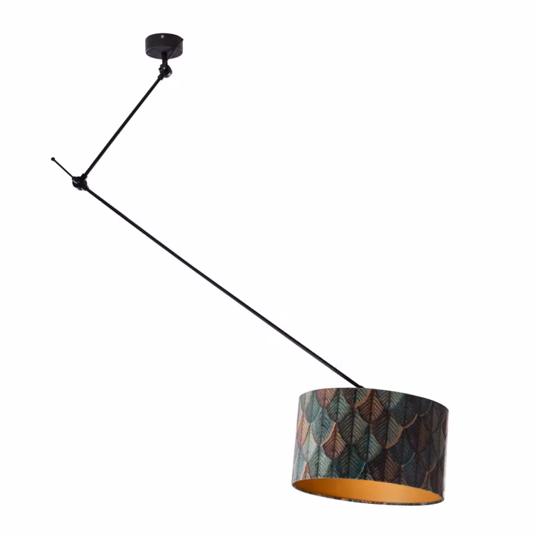 Qazqa Hanglamp met velours lampenkap blad dessin in zwart en goud/messing