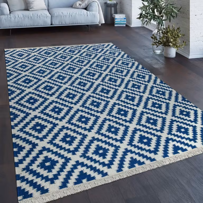 Handgeweven Marokkaans Vloerkleed met Scandinavisch Ruitenpatroon en Franje, Blauw Wit, 200 x 300 cm