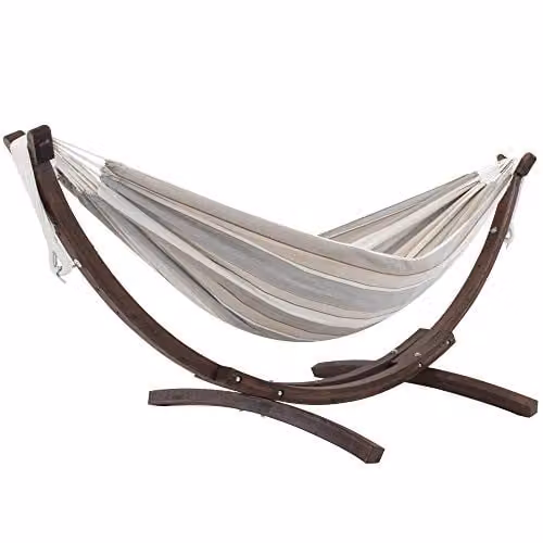 Vivere Sunbrella Dubbele Hangmat met Massief Houten Standaard - Dove