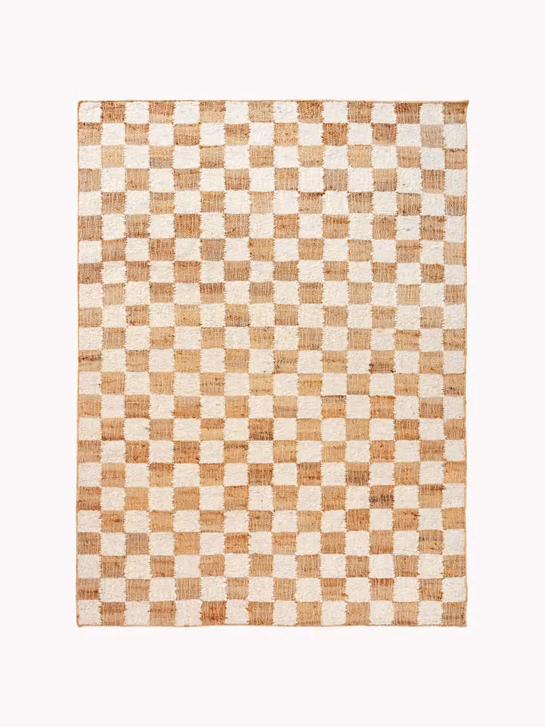 Ferm LIVING Handgeweven laagpolig wollen vloerkleed Check met jute