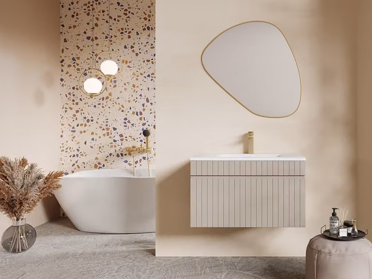 SATARA Zwevend badkamermeubel met inbouwwastafel, beige en wit gestreept, 80 cm