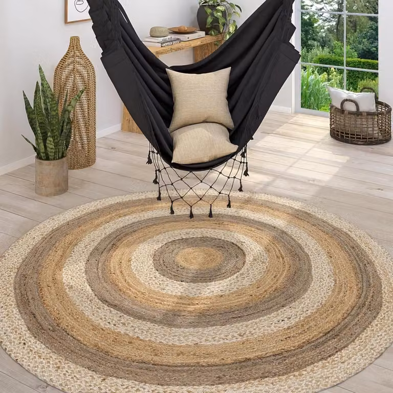 Rond Jute Vloerkleed met Boho Ethno Design - Multicolor - Ø 160 cm