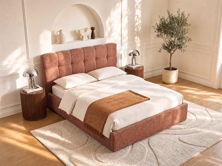 MAZIRI Bed met opbergruimte in Terracotta Bouclé stof, 180 x 200 cm