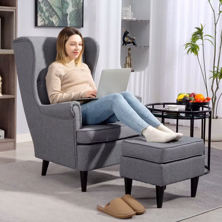 HOMCOM Oorfauteuil met Voetenbank, Moderne Lounge Stoel met Rubberhouten Poten, Grijs