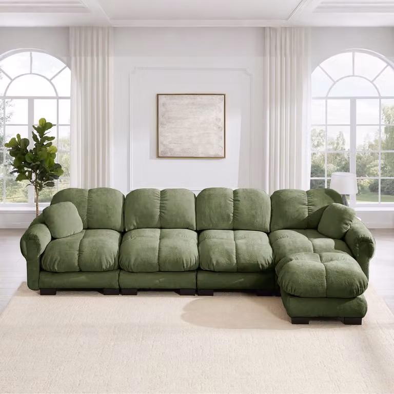 Modern groene chenille hoekbank met losse rugkussens, B/D/H: 330 x 149 x 90 cm