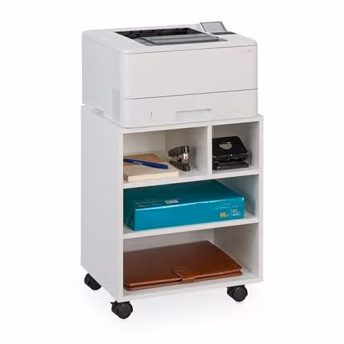 Relaxdays Moderne Bureaukast op Wielen met 4 Vakken, Wit/Zilver, B/D/H: 40 x 30 x 49 cm