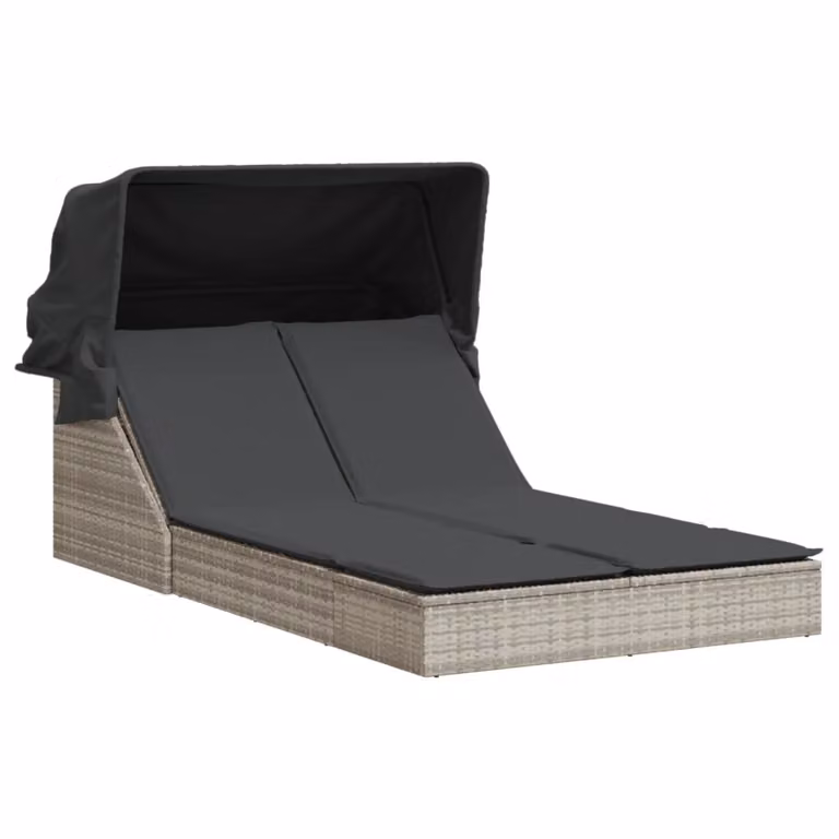 vidaXL Dubbele ligbed met zonnedak en kussens, lichtgrijs, polyrotan