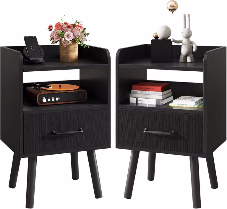 HOMESY Nachttafel Set van 2, Zwart, met Stofflade en Open Vak, B/D/H: 39 x 29 x 63 cm