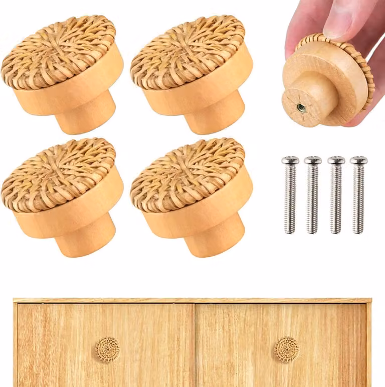 Set van 4 houten rattan meubelknoppen voor deur- en ladehandgrepen van kasten en dressoirs