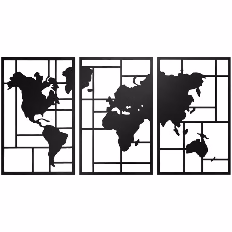 HOMCOM Wanddecoratie Metaal 3-delig Wereldkaart Zwart, 50 x 80 cm
