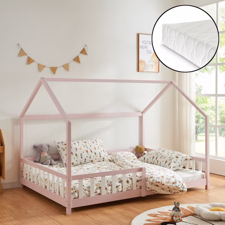 en.casa Kinderbed Hesel met matras, valbeveiliging en lattenbodem, roze, 140 x 200 cm