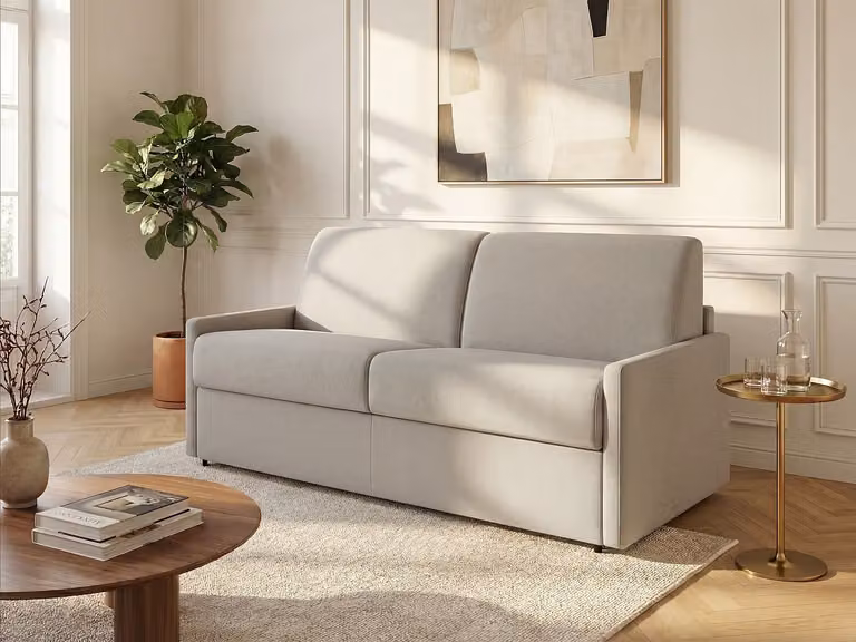 CALIFE Vierzitsslaapbank in beige stof met matras en afneembare hoezen