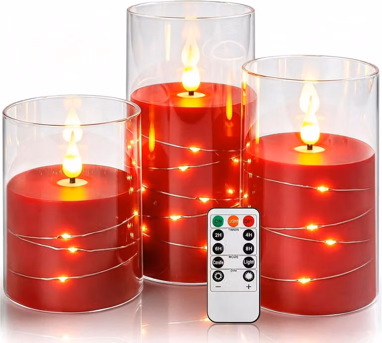 Set van 3 Rode Rode vlamloze LED-pijlerkaarsen met lichtslingers en afstandsbediening, batterij-aangedreven, Hoogte: 10 cm, 12,7 cm, 15,2 cm