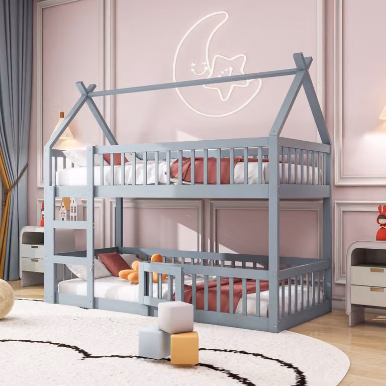Sweiko Kinderstapelbed met trap en loft ontwerp, massief houten familiebed, Grijs, B/D/H: 90 x 200 cm