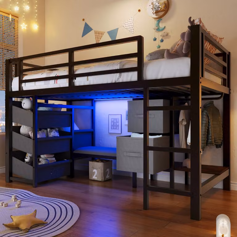 MIVRAY Halfhoog Bed voor Kinderkamers met Ledverlichting, Zitkussen, Opberglade en Opbergtas, Zwart, B/D: 90 x 200 cm