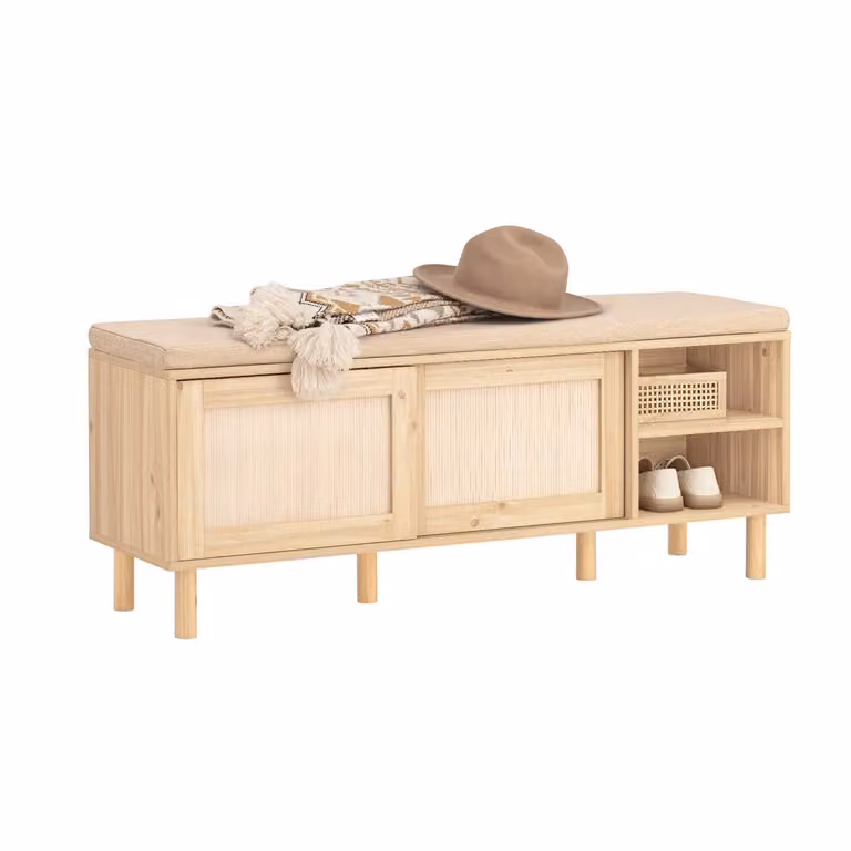 SoBuy Schoenenbank FSR163-N met 2 Schuifdeuren en Zitvlak, Naturel, B/D/H: 121 x 35 x 49 cm