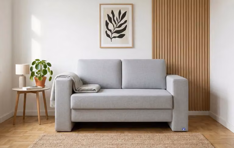 BRUNO slaapbank in lichtgrijs met massief hout en boxspringcomfort, 120 cm