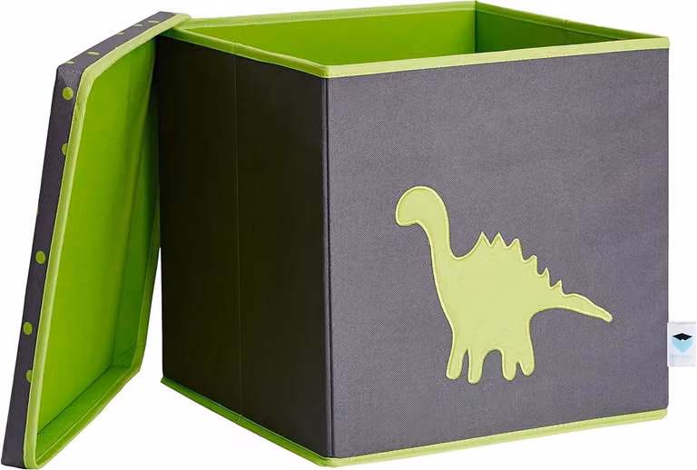 Stevige stoffen opbergdoos met deksel voor kinderen in grijs met groene dino, B/D/H: 33 x 33 x 33 cm