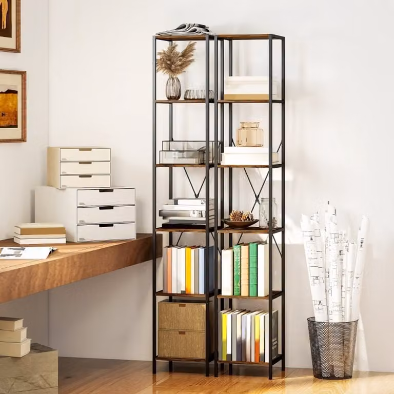 MODFU Boekenkast 2-delig met 6 niveaus in industrieel rustiek bruin met staalframe, Hoogte: 174,5 cm