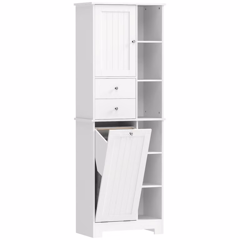 HOMCOM Badkamerkast met uitschuifbare wasmand en 2 lades, wit, Hoogte: 171 cm