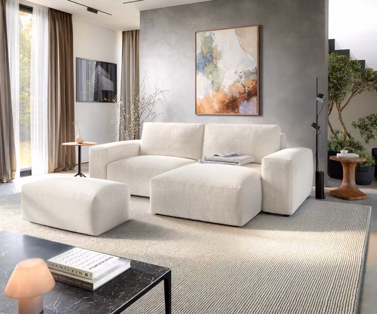 DELIFE Hoekbank Lanzo Beige, Moderne L-vormige Stoffen Bank met Variabele Chaise Longue en Hocker, B/D/H: 230 x 155 x 103 cm