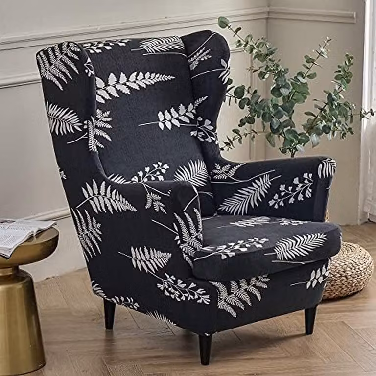 2-delige elastische stretch hoes voor fauteuils met armleuning en hoge rugleuning, zwarte varen
