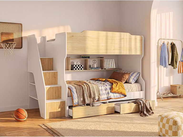YALOVA Stapelbed met opbergruimte en trappen, Wit en Houteffect, 90 x 190 cm