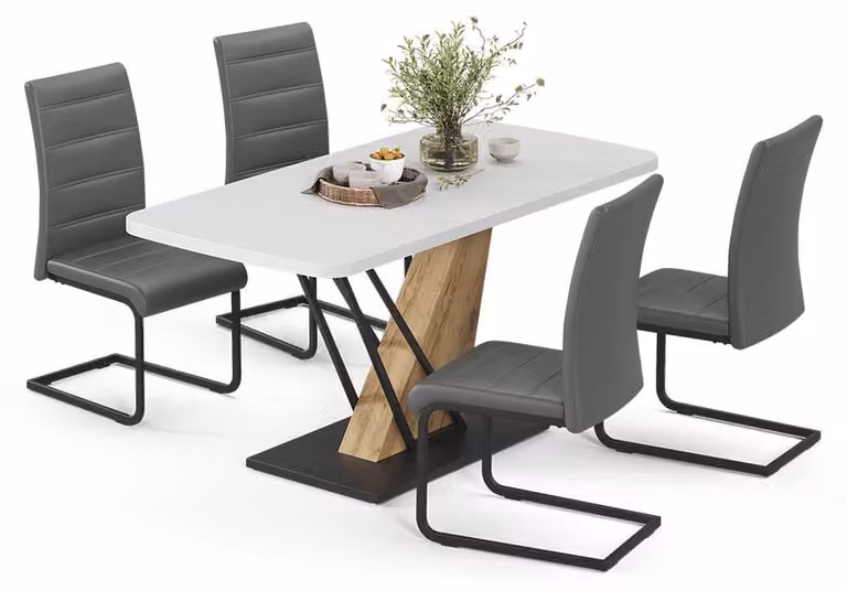 Vicco Fenaro Eettafelset met 4 grijze eetkamerstoelen, Wit/Goudkleurig Eiken, B: 120 cm, D: 80 cm, H: 76 cm