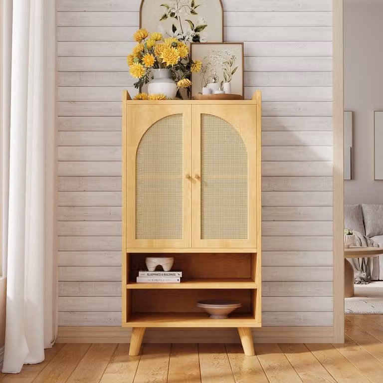 PHOEBE CAT Dressoir met rotan deuren en open planken, Natuurlijk, B: 60 cm, D: 40 cm, H: 121 cm