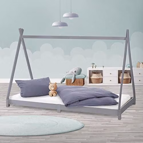 ML-Design Tipi kinderbed van massief hout met lattenbodem, lichtgrijs, 90 x 200 cm
