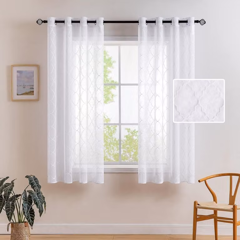 Set van 2 semi-transparante gordijnen met Marokkaans motief en oogjes, Wit, 140 x 63 cm