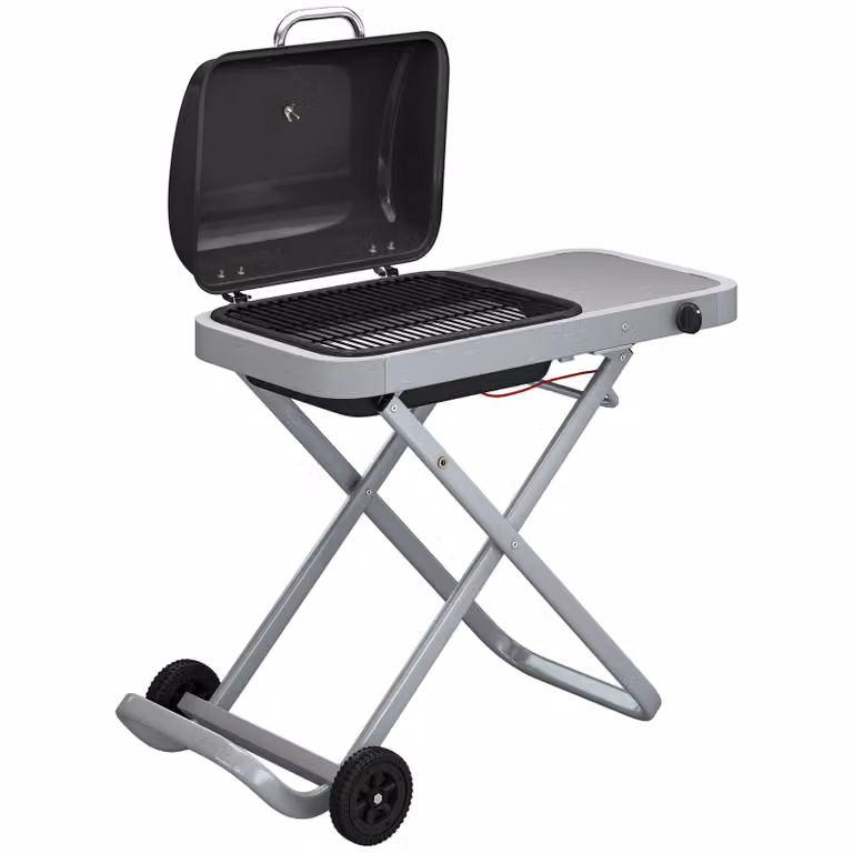 Outsunny Draagbare Gasbarbecue 1-brander 2,5 kW met opvouwbare trolley, grillrooster, zijtafel, deksel en thermometer