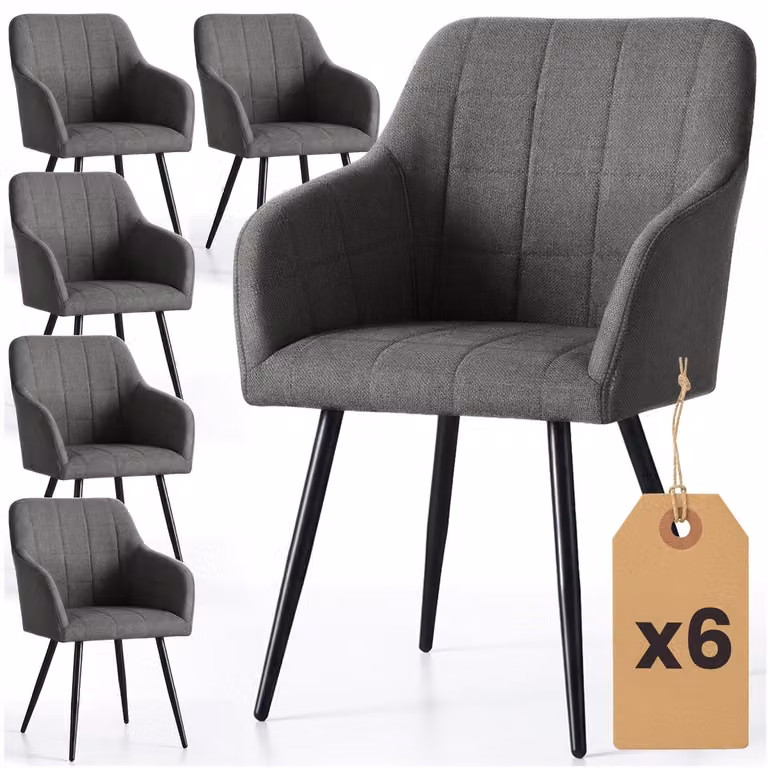 Set van 6 Akord LUXANO Eetkamerstoelen met Armleuningen, Gestoffeerd Lumos-stof, Antraciet met zwarte metalen poten