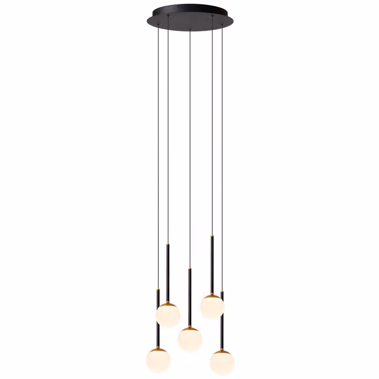 Premium by Lucide Calina Design hanglamp met 5 witte bollen en dimbare LED-module - Zwart