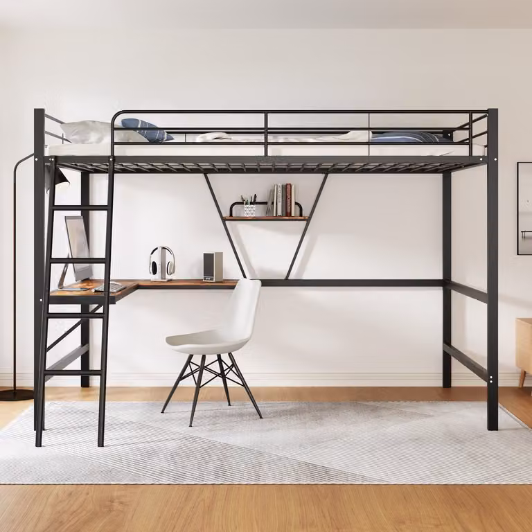 FloraGrace Hoogslaper met L-vormig bureau en boekenrek, Zwart Metaal, 90 x 200 cm