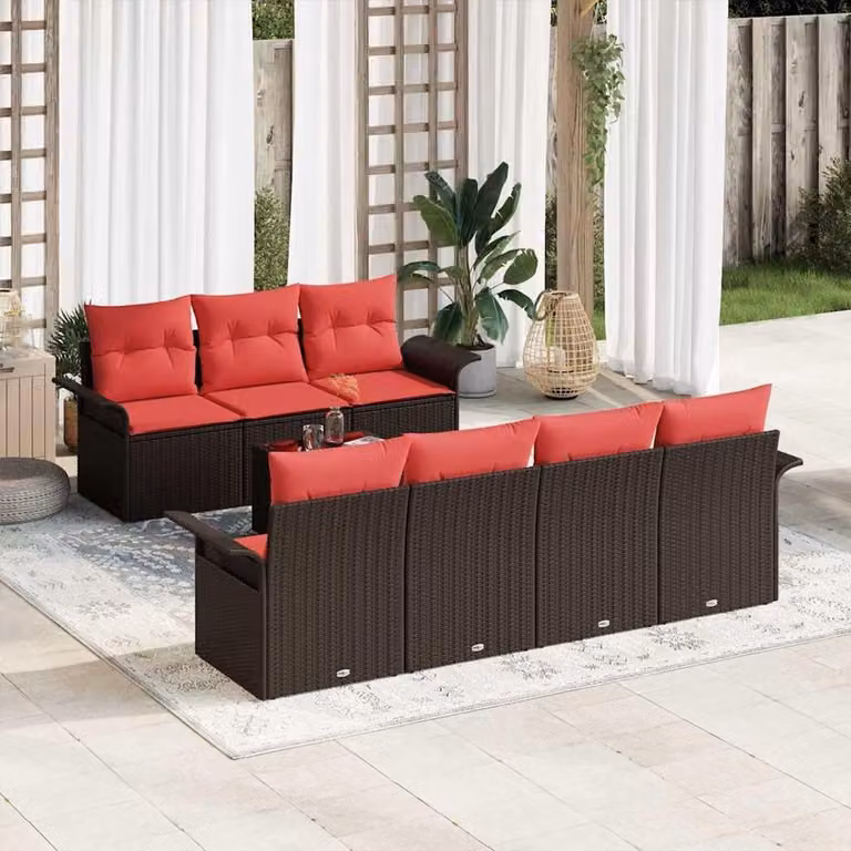 8-delige weerbestendige rotan tuin lounge set in bruin met L-vormig ontwerp