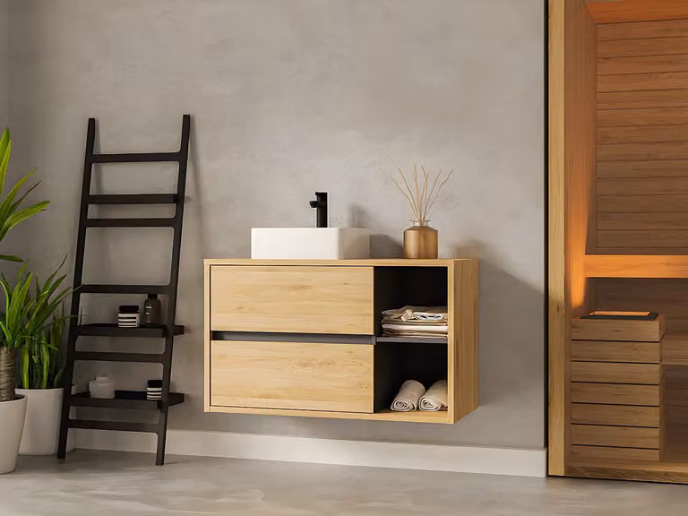 PURNAL Zwevend badkamermeubel met vierkante keramische wastafel in beige en wit - Breedte: 100 cm